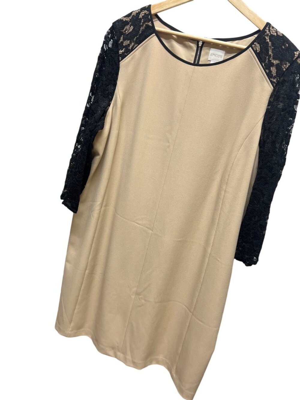 Chico's Neutral Sheath Dress with Black Lace Sleeves